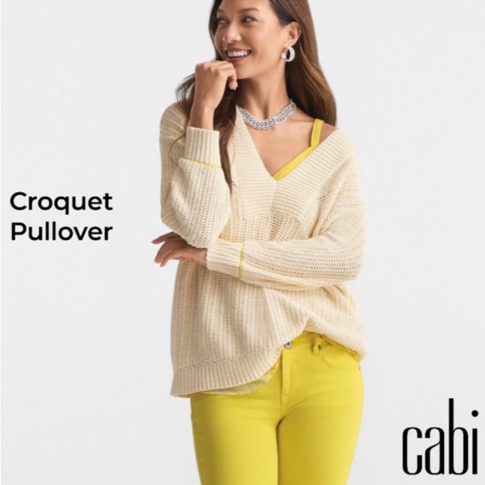CABI Croquet Pullover Loose Knit Sweater Medium‎ V-Neck Cotton Blend #6233